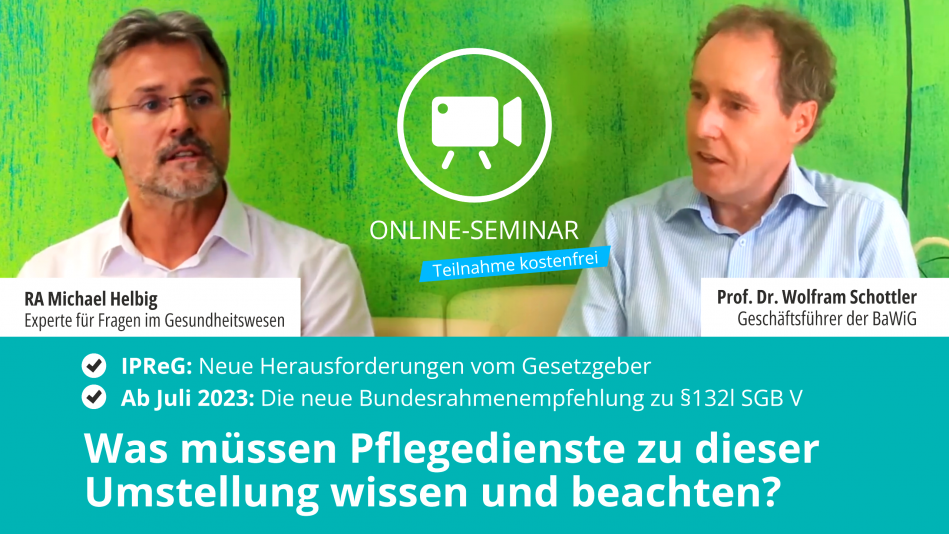 BaWiG - Infografik zu einem kostenfreien Online-Seminar; links im Bild RA Michael Helbig und rechts Prof. Dr. Wolfram Schottler