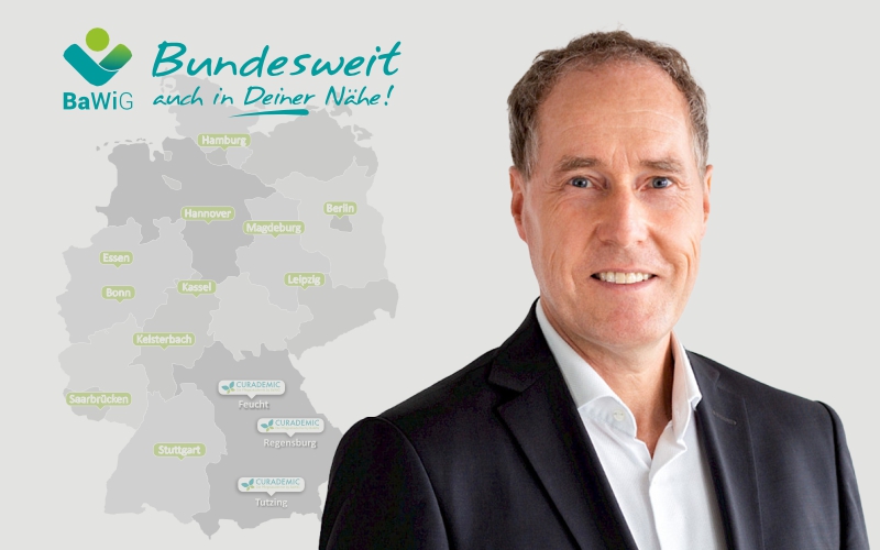 BaWiG - Infografik der Curademic sowie BaWiG Standorte. Rechts im Bild ein Foto von Prof. Dr. Schlottler