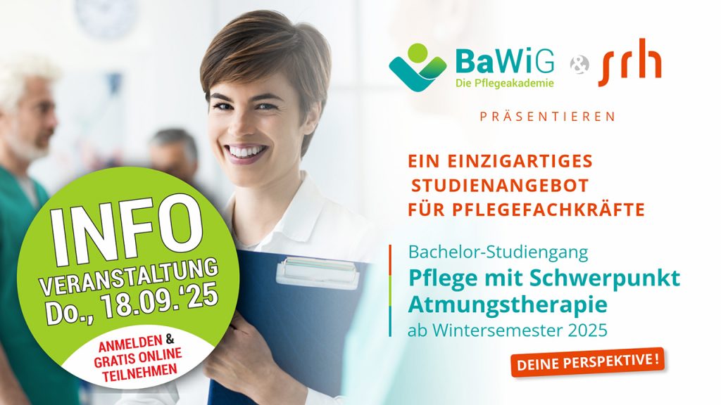 Flyergrafik zur Infoveranstaltung BaWiG und SRH University präsentieren ein einzigartiges Studium Pflege mit Schwerpunkt Atmungstherapie