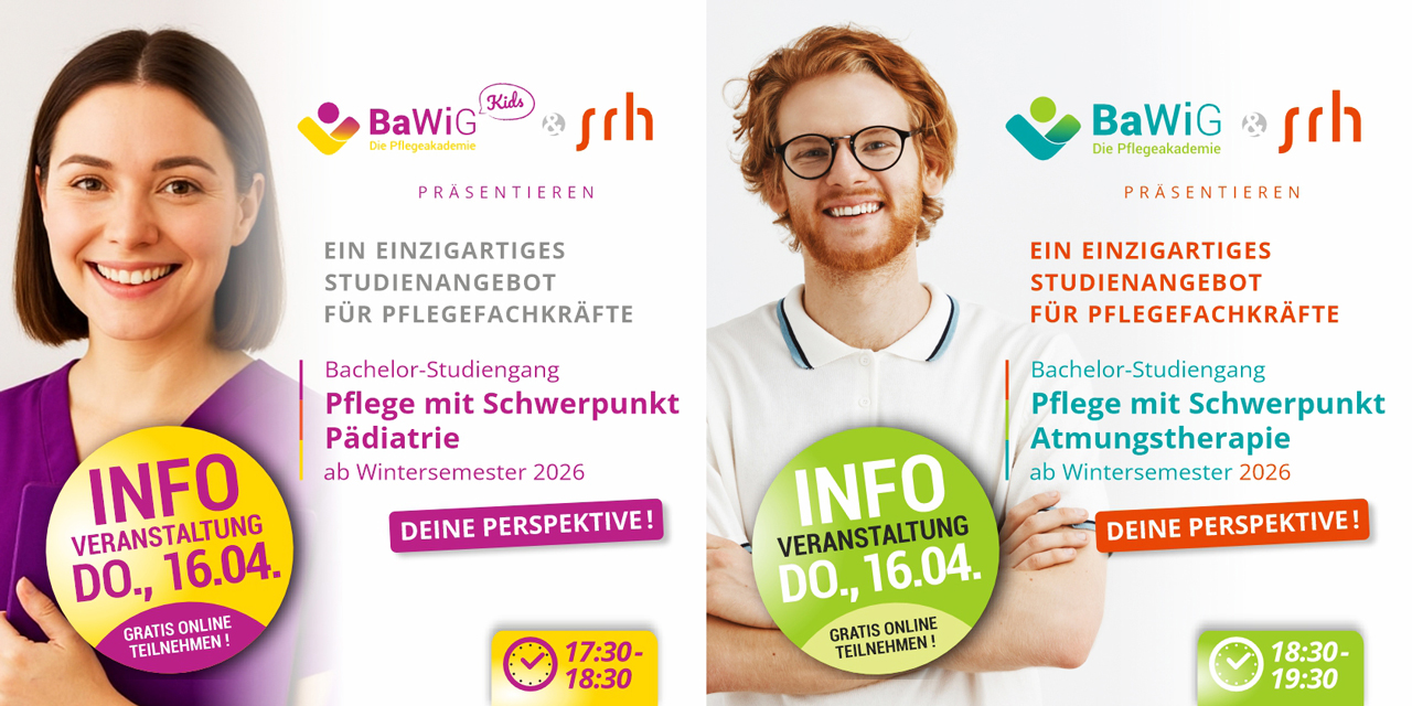 ZWEI NEUE PERSPEKTIVEN FÜR DICH ALS PFLEGEFACHKRAFT: Zwei starke berufsbegleitende Bachelor-Studiengänge – ein spannender Online-Infoabend! 1. TERMIN: DO.,16.04.'26 ab 17:30 Uhr.